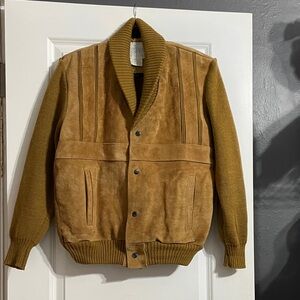 Vtg BOUVY Men’s Large Cow Split Leather Suede Knit Jacket Shawl Collar Sweater